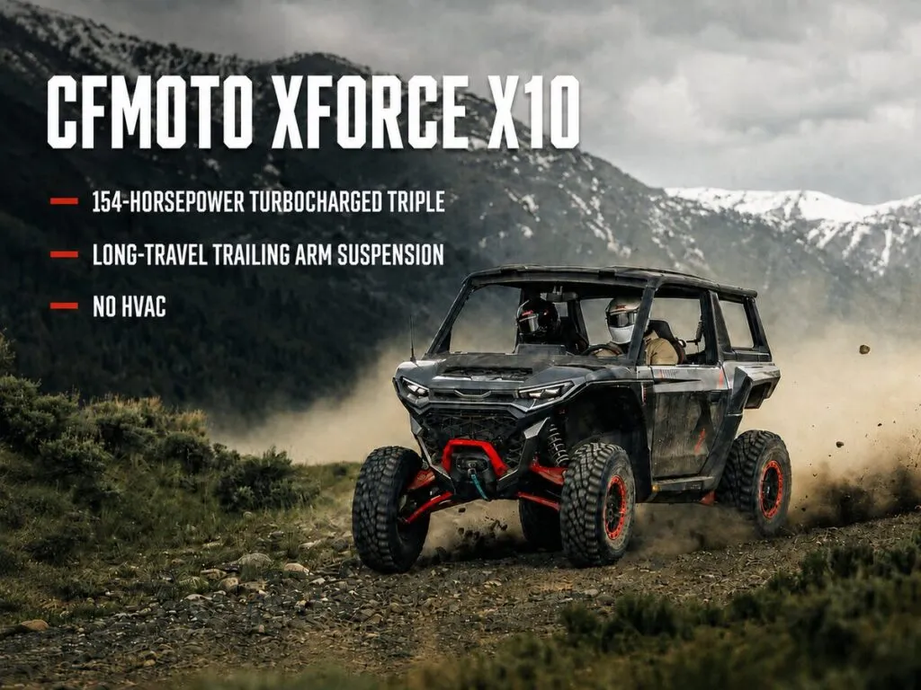 2027 CFMOTO XFORCE X10 performance-adventure UTV on a rocky mountain trail